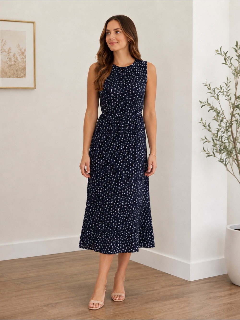 Jcrew mercantile Sleeveless Navy white Floral Midi Dress side pockets XXS
